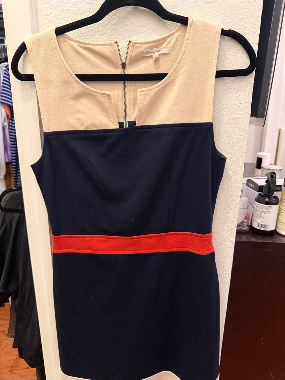 41 Hawthorn Navy Dress with Cream Yoke and Red Waistband